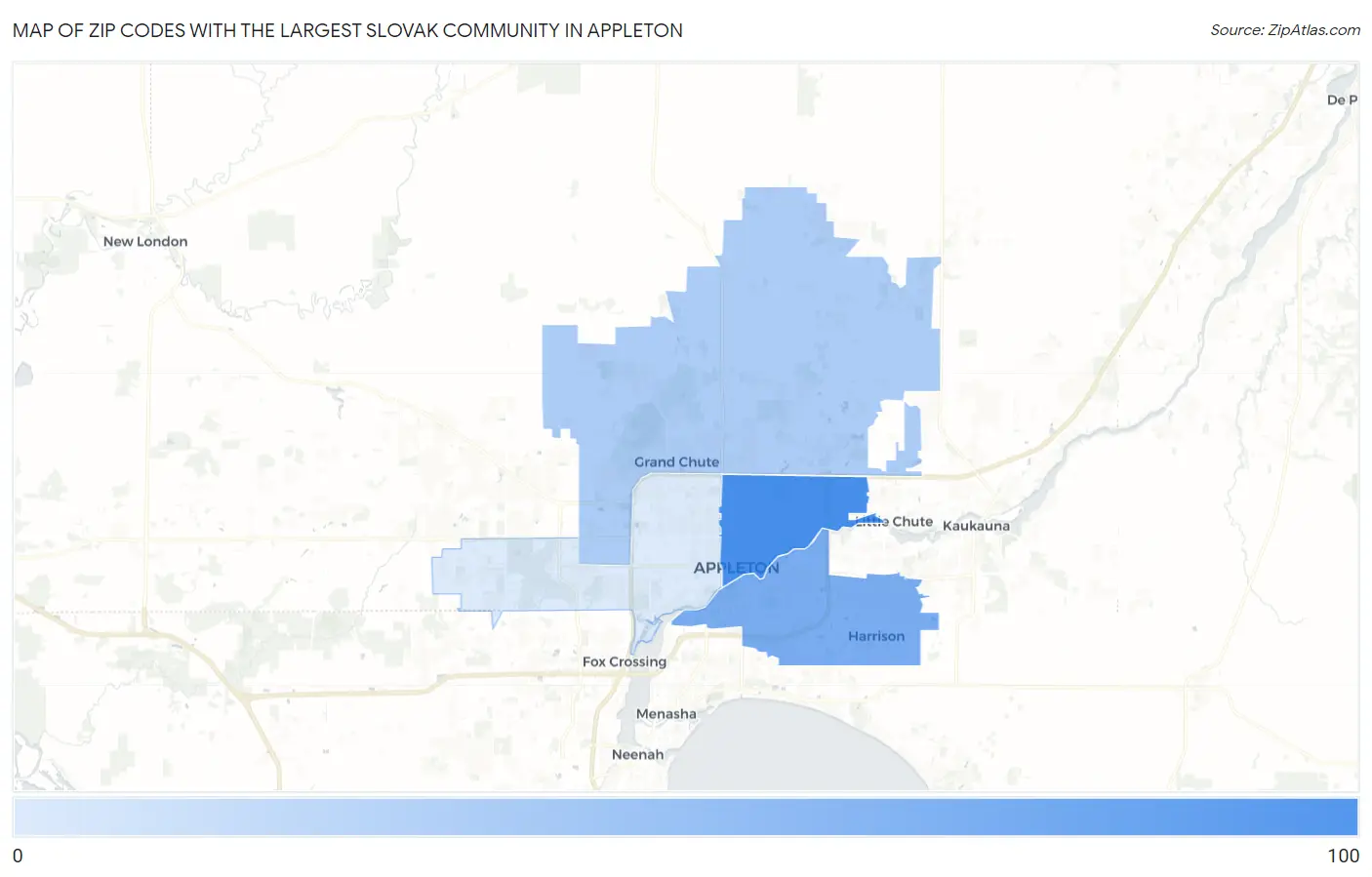 Zip Codes with the Largest Slovak Community in Appleton Map