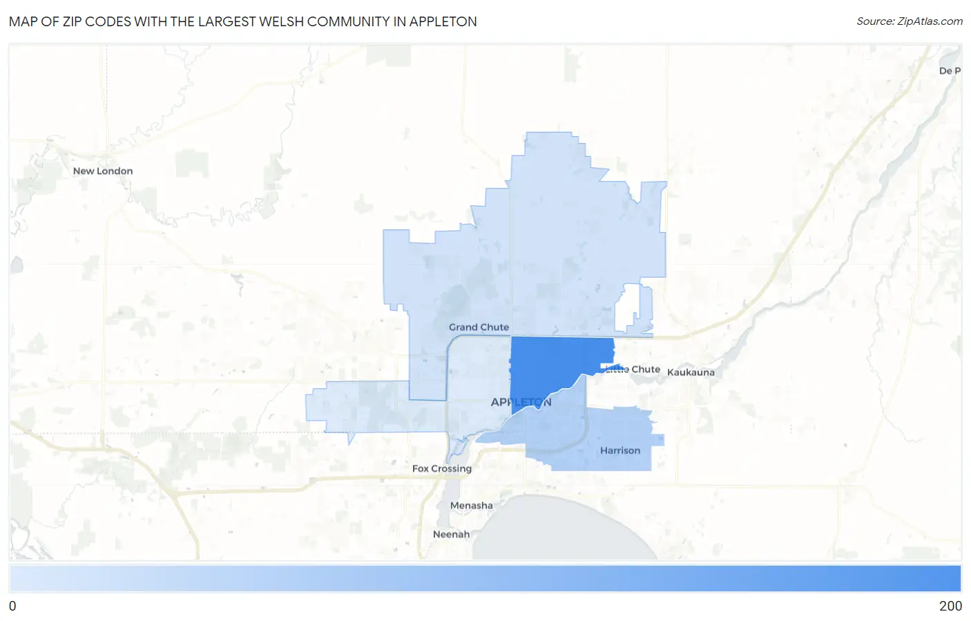 Zip Codes with the Largest Welsh Community in Appleton Map
