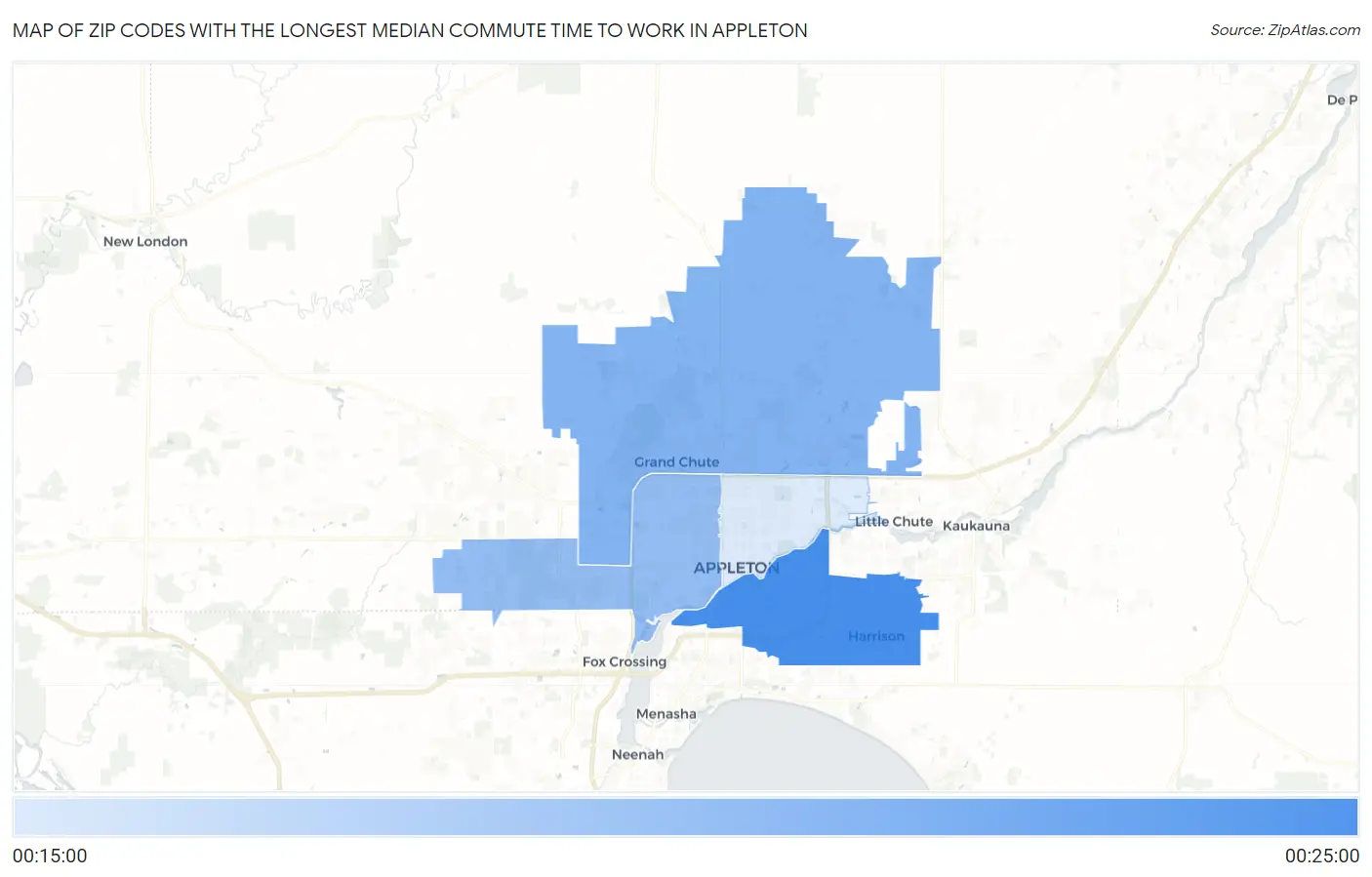 Zip Codes with the Longest Median Commute Time to Work in Appleton Map