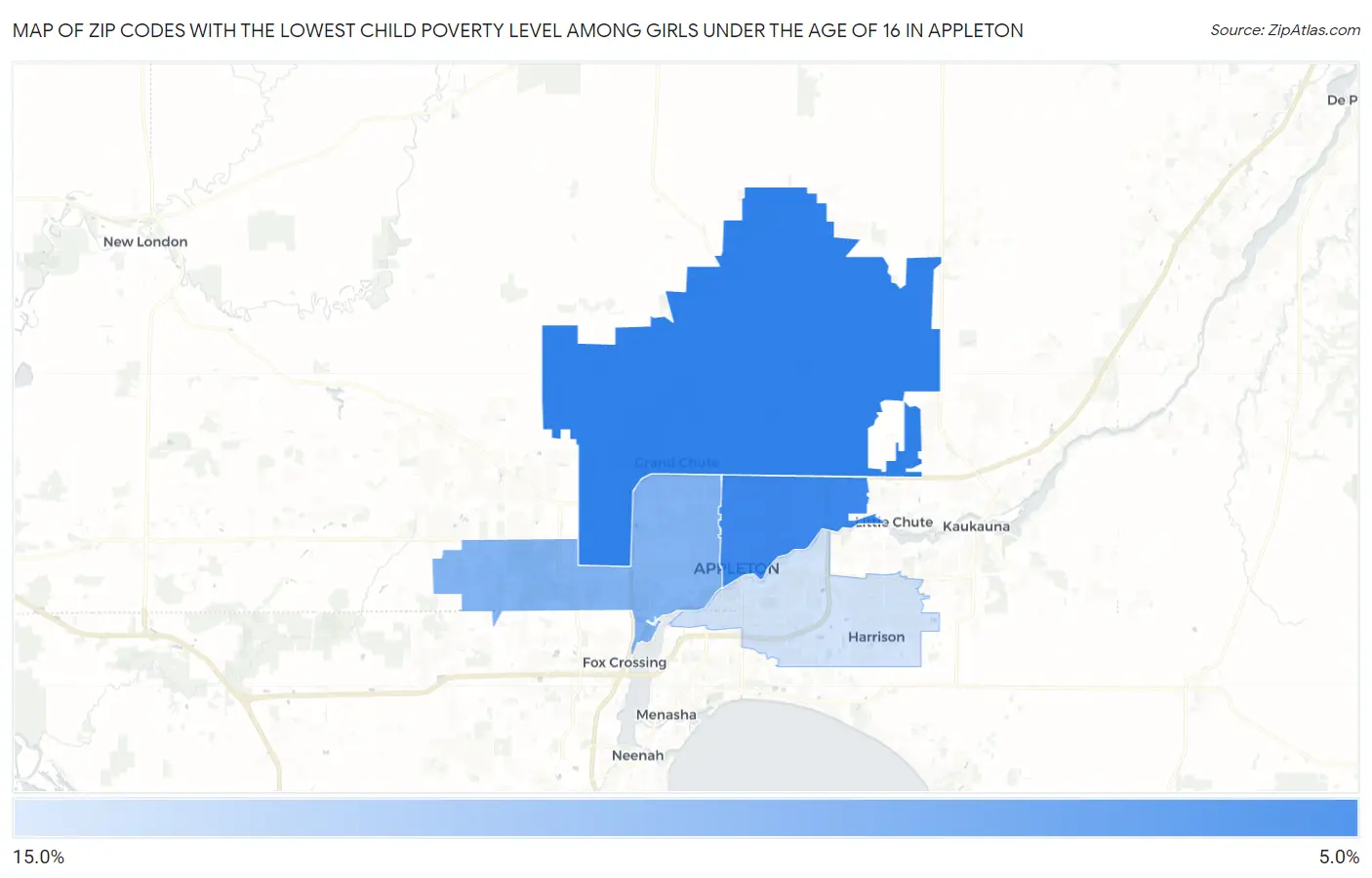 Zip Codes with the Lowest Child Poverty Level Among Girls Under the Age of 16 in Appleton Map