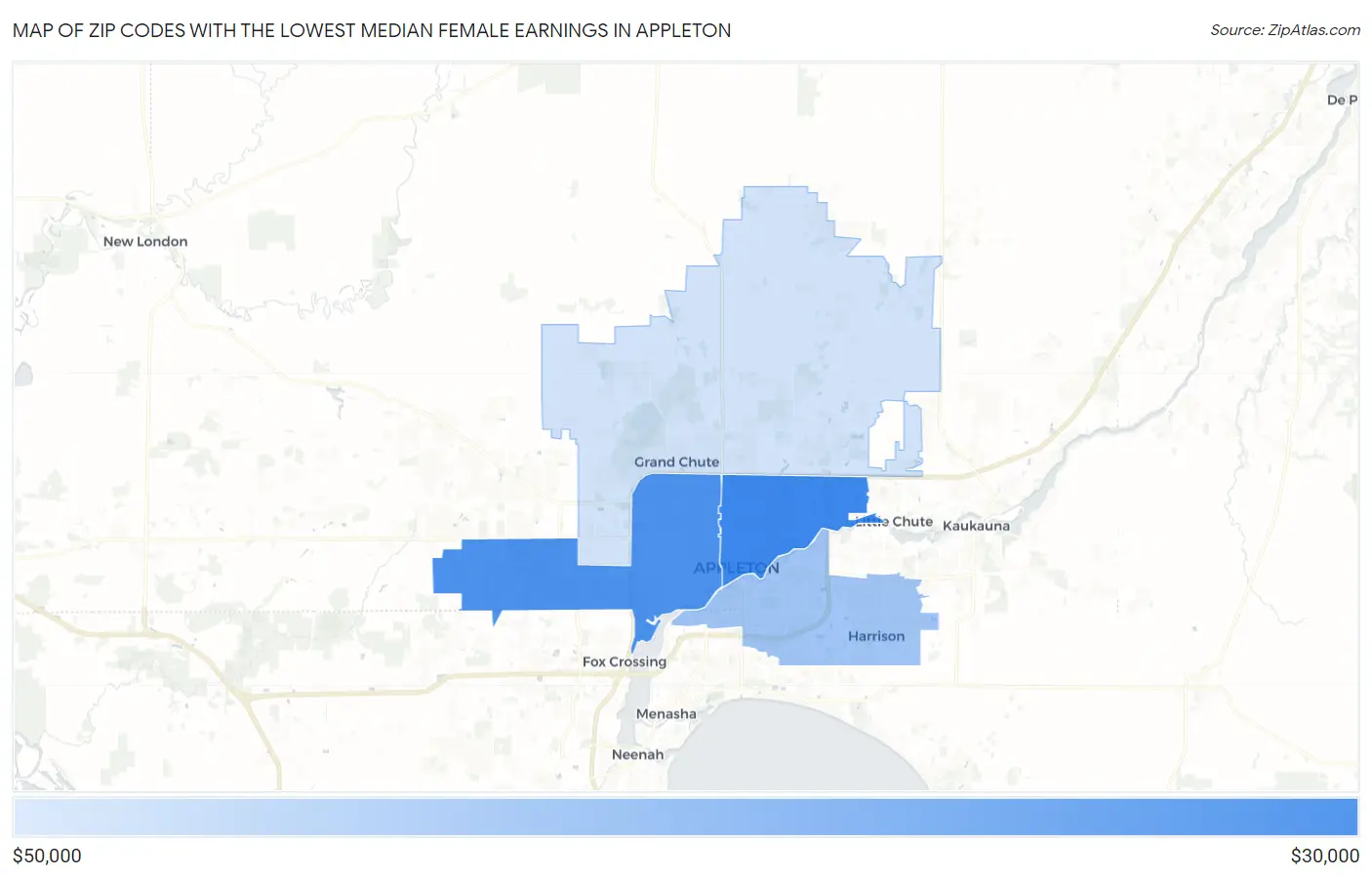Zip Codes with the Lowest Median Female Earnings in Appleton Map