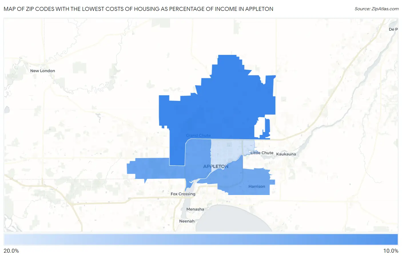 Zip Codes with the Lowest Costs of Housing as Percentage of Income in Appleton Map