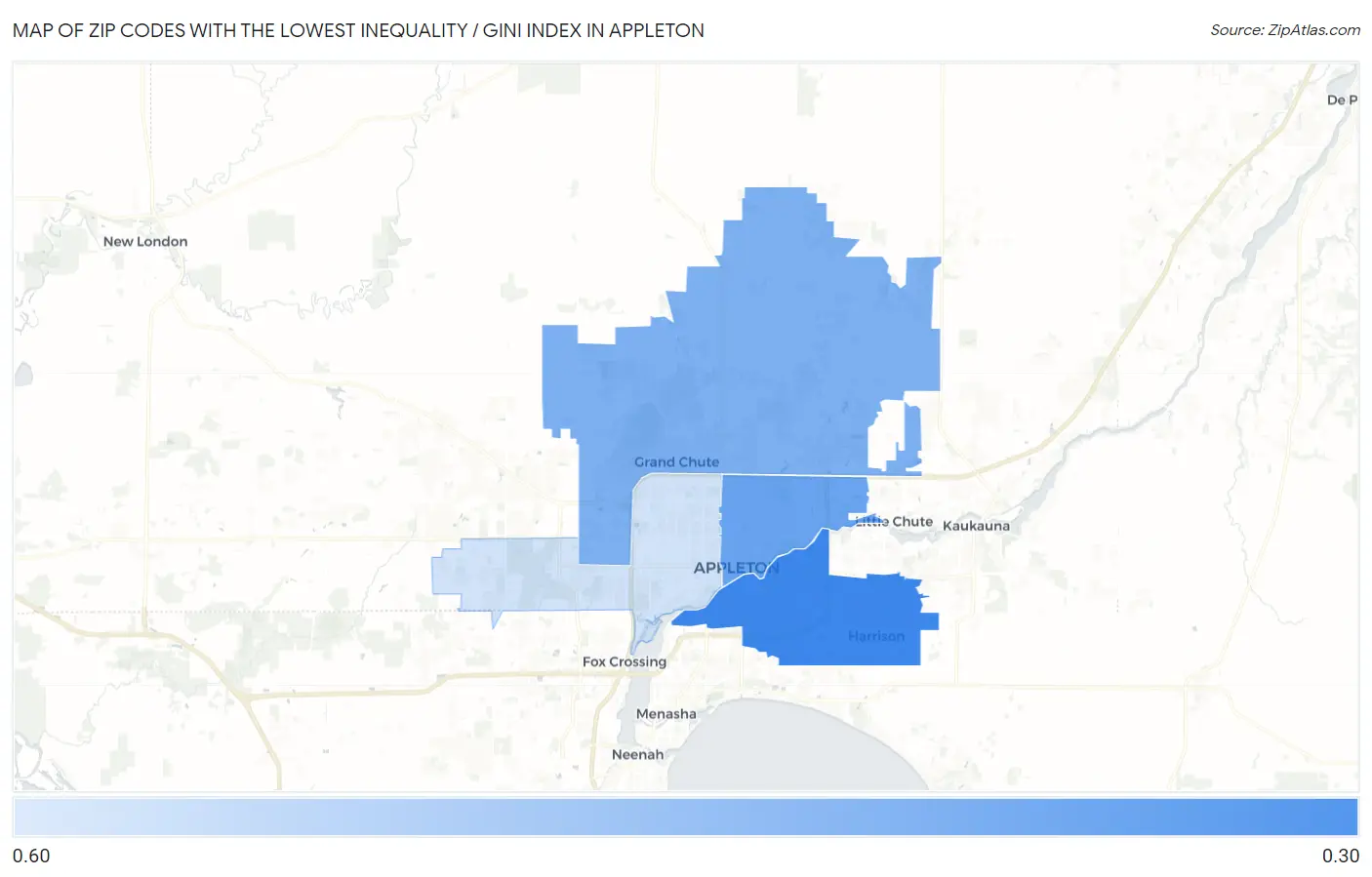 Zip Codes with the Lowest Inequality / Gini Index in Appleton Map