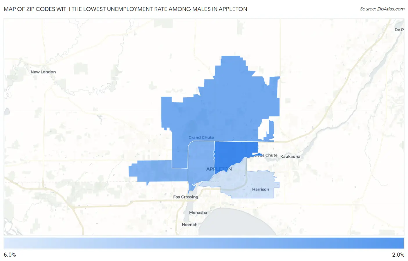 Zip Codes with the Lowest Unemployment Rate Among Males in Appleton Map