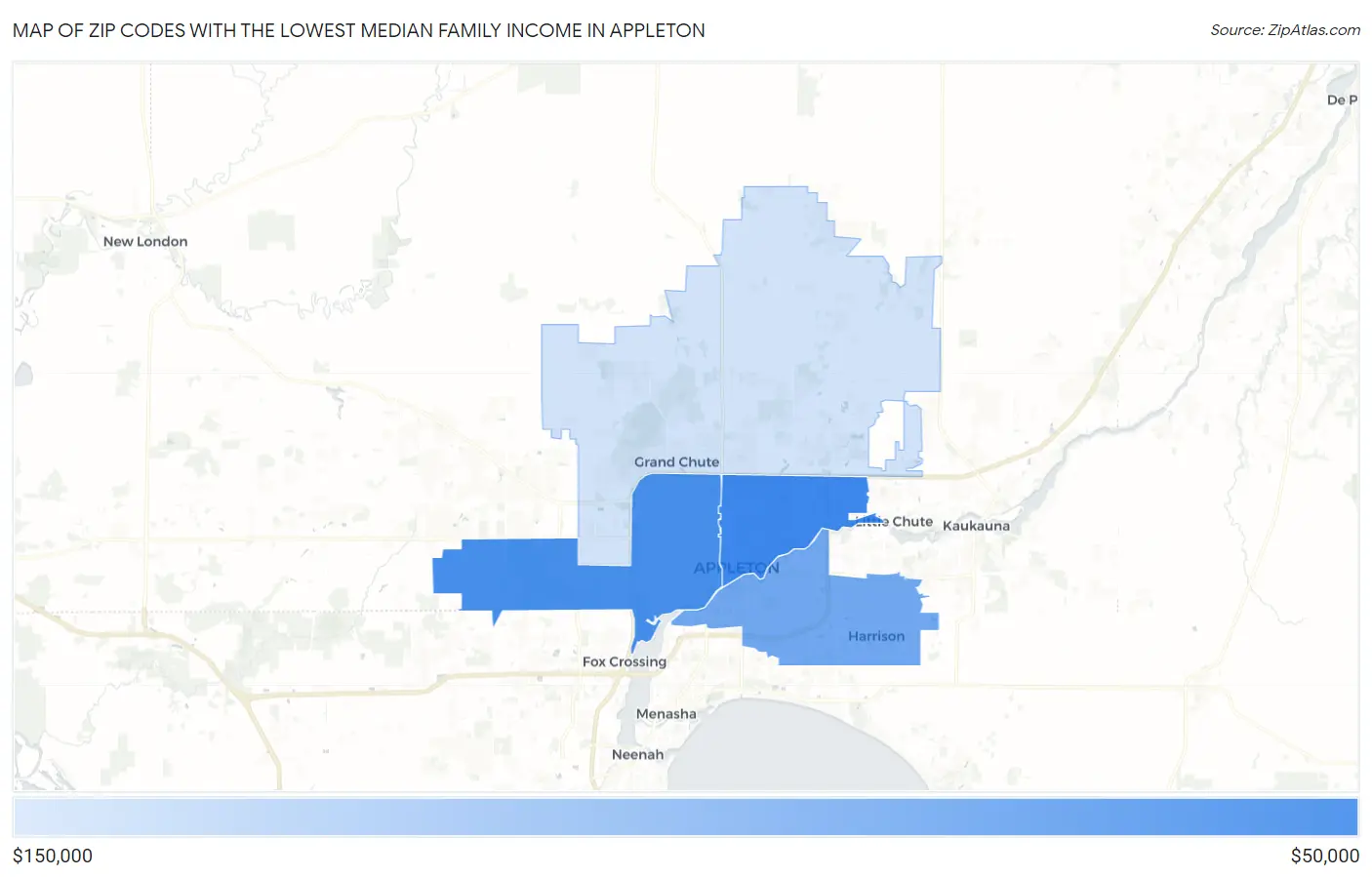 Zip Codes with the Lowest Median Family Income in Appleton Map