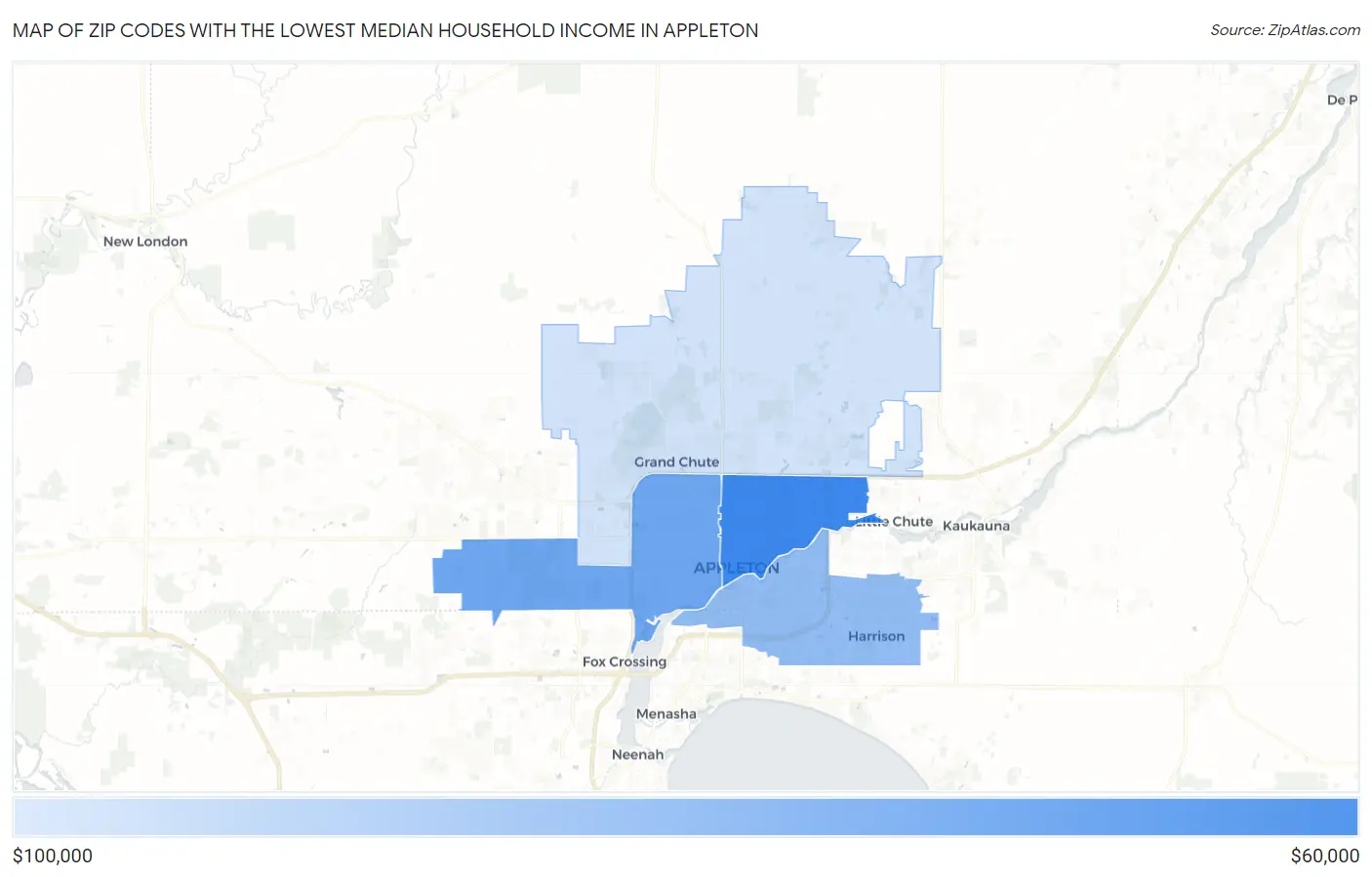 Zip Codes with the Lowest Median Household Income in Appleton Map