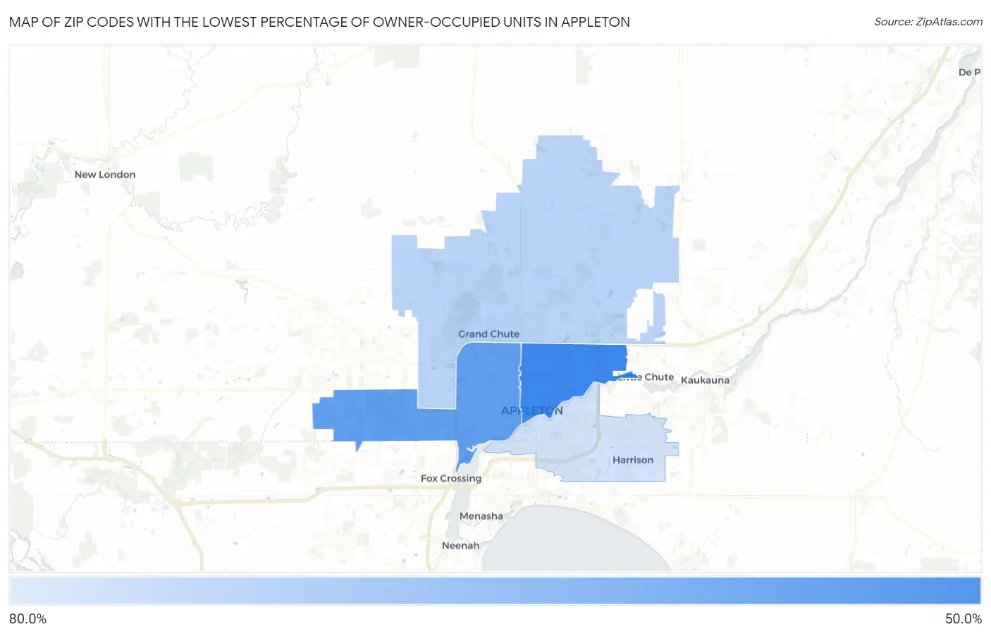 Zip Codes with the Lowest Percentage of Owner-Occupied Units in Appleton Map