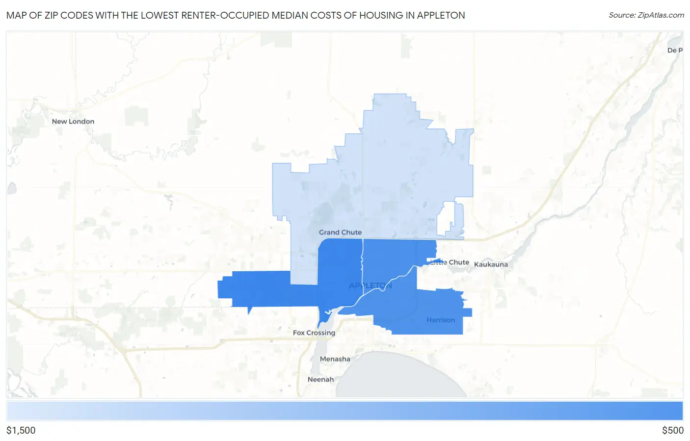 Zip Codes with the Lowest Renter-Occupied Median Costs of Housing in Appleton Map