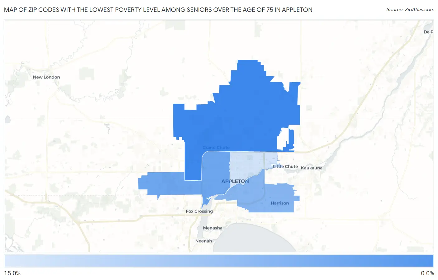 Zip Codes with the Lowest Poverty Level Among Seniors Over the Age of 75 in Appleton Map