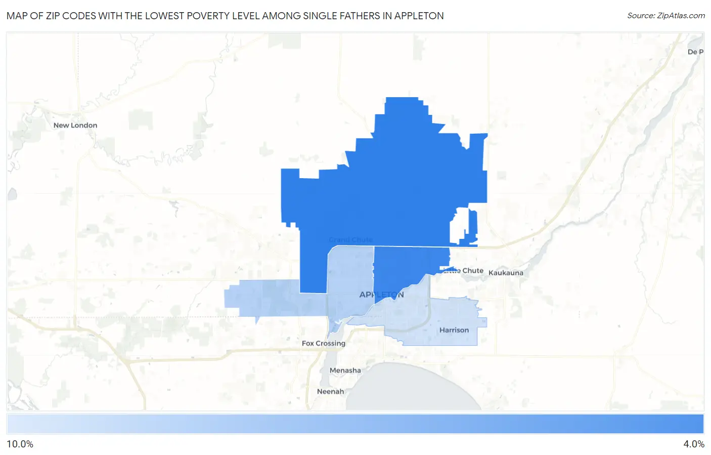 Zip Codes with the Lowest Poverty Level Among Single Fathers in Appleton Map
