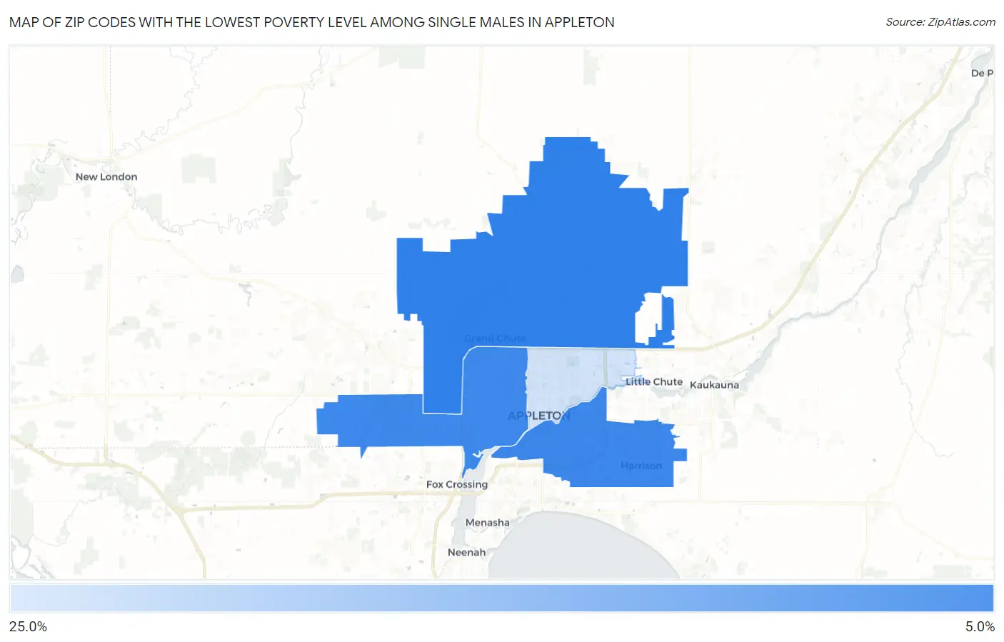 Zip Codes with the Lowest Poverty Level Among Single Males in Appleton Map