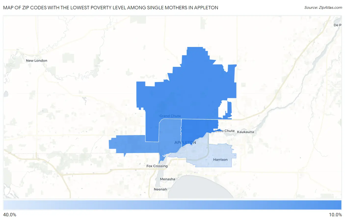 Zip Codes with the Lowest Poverty Level Among Single Mothers in Appleton Map