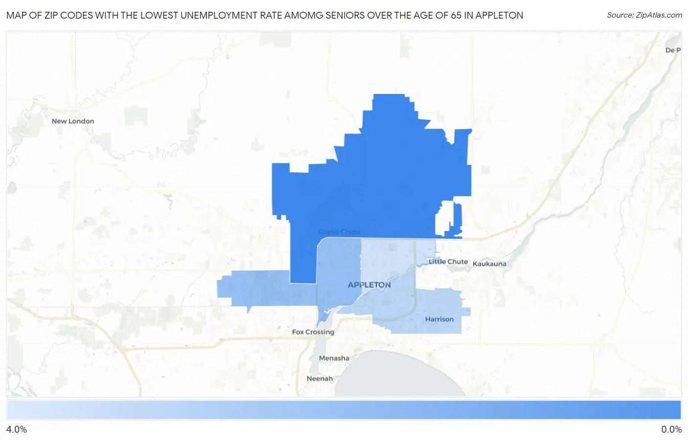 Zip Codes with the Lowest Unemployment Rate Amomg Seniors Over the Age of 65 in Appleton Map