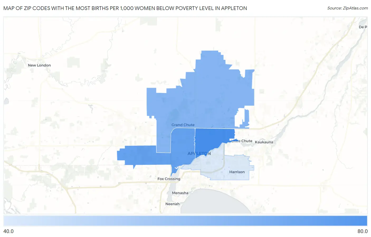 Zip Codes with the Most Births per 1,000 Women Below Poverty Level in Appleton Map