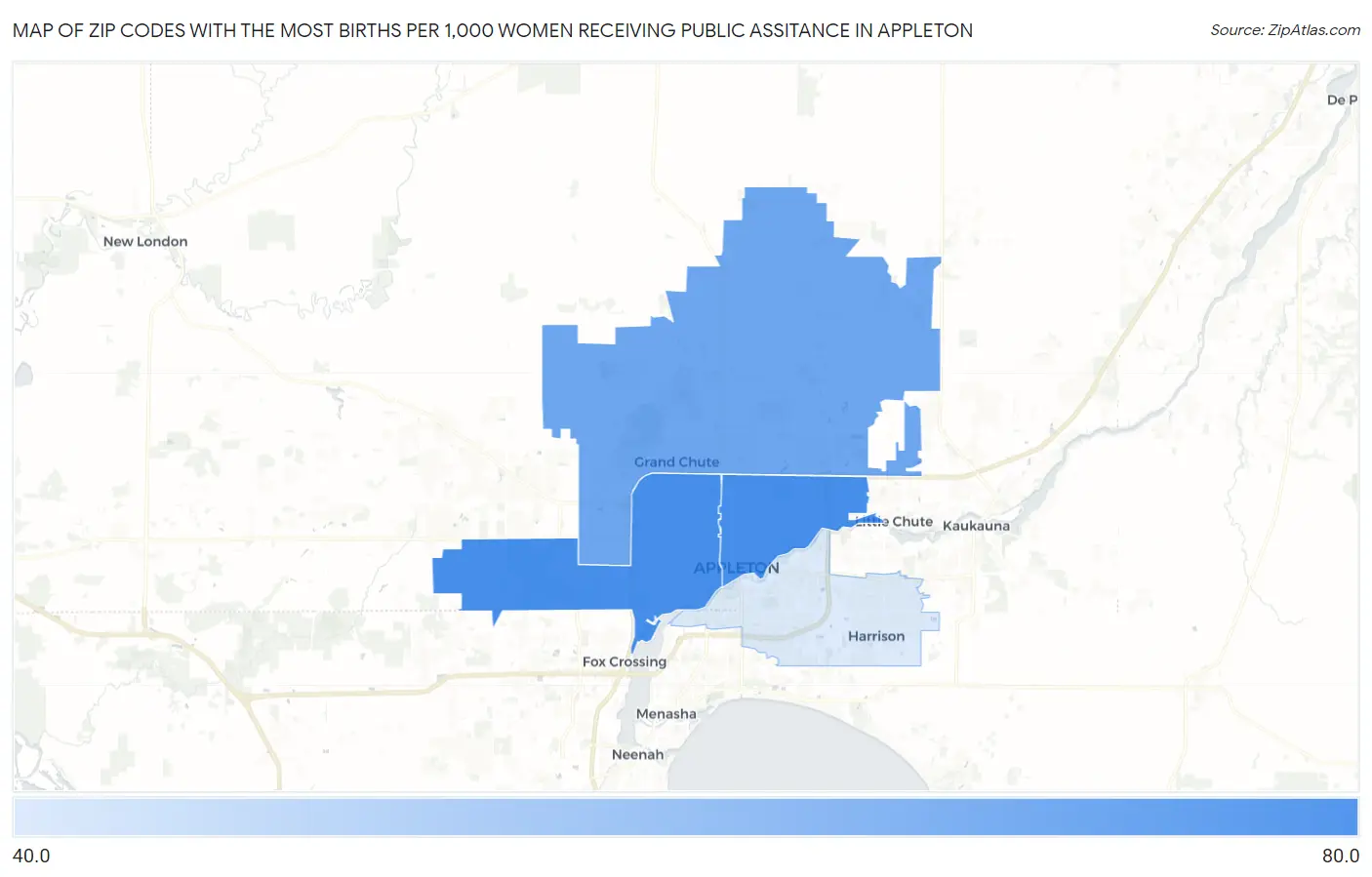 Zip Codes with the Most Births per 1,000 Women Receiving Public Assitance in Appleton Map