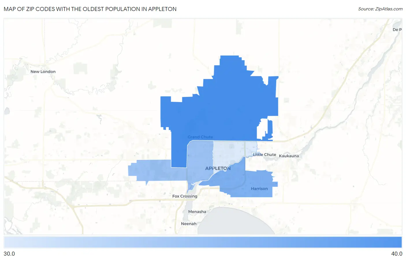Zip Codes with the Oldest Population in Appleton Map