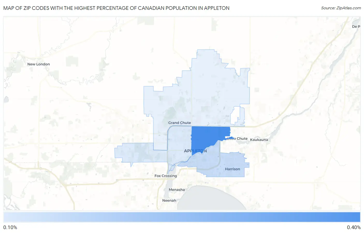 Zip Codes with the Highest Percentage of Canadian Population in Appleton Map
