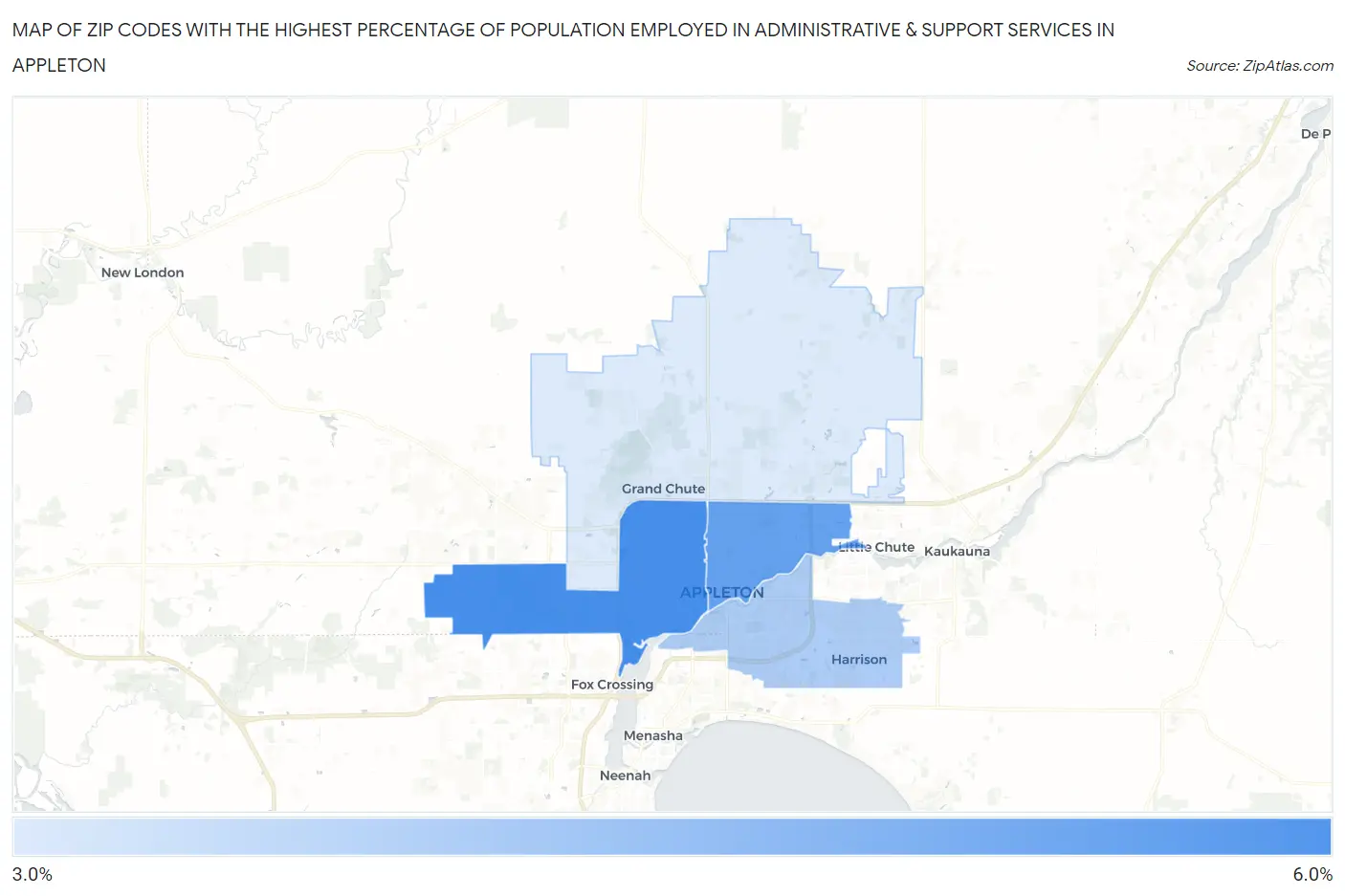 Zip Codes with the Highest Percentage of Population Employed in Administrative & Support Services in Appleton Map