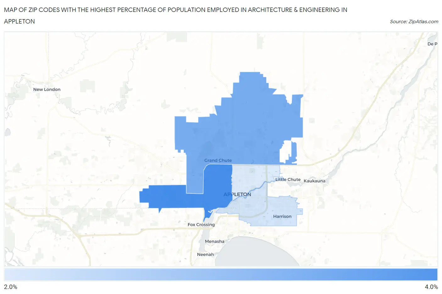 Zip Codes with the Highest Percentage of Population Employed in Architecture & Engineering in Appleton Map