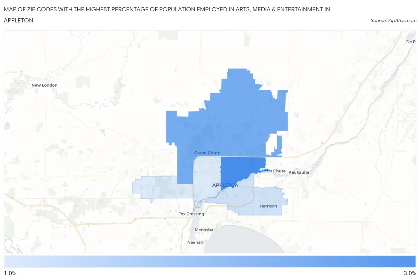 Zip Codes with the Highest Percentage of Population Employed in Arts, Media & Entertainment in Appleton Map