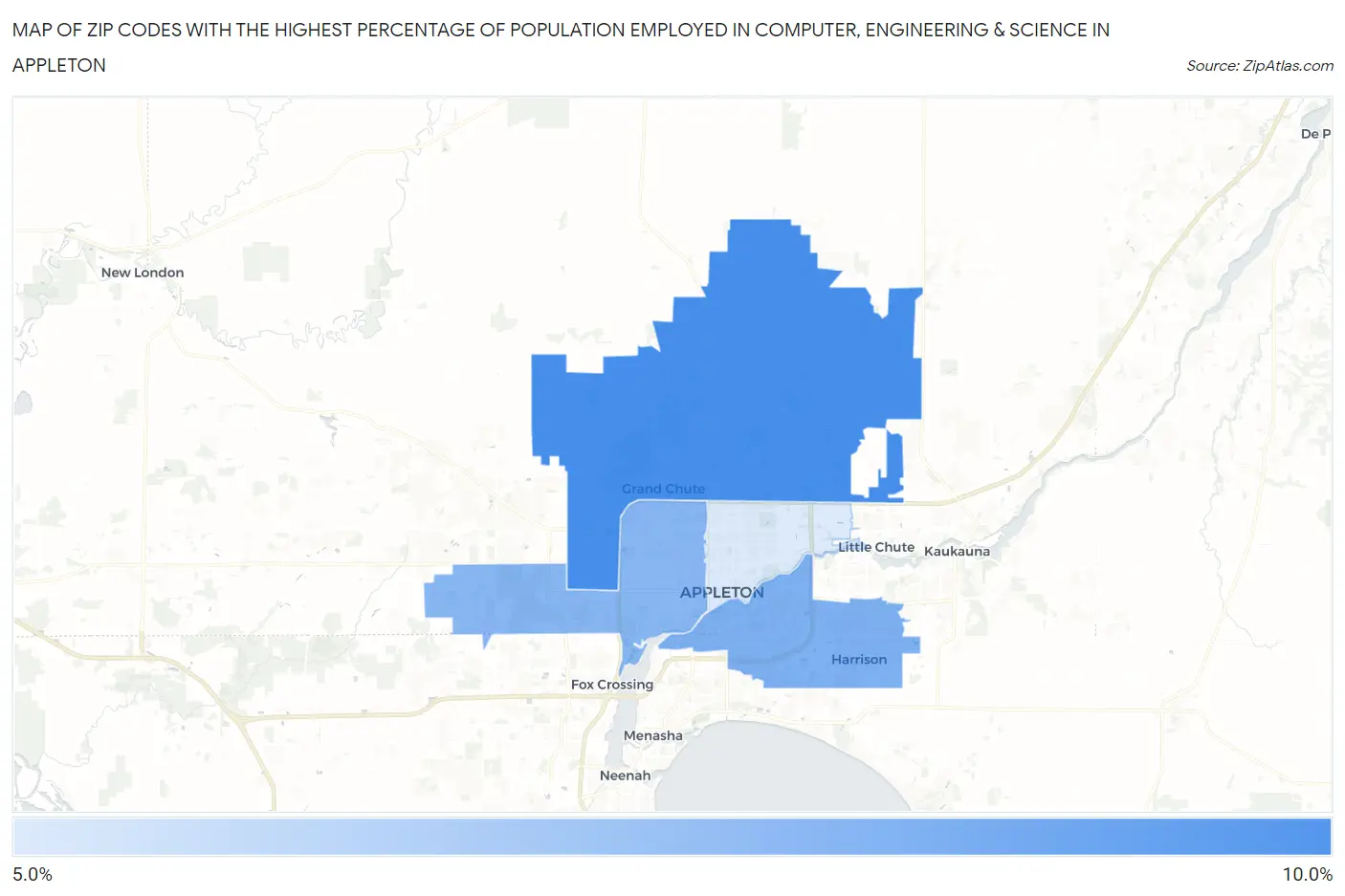 Zip Codes with the Highest Percentage of Population Employed in Computer, Engineering & Science in Appleton Map