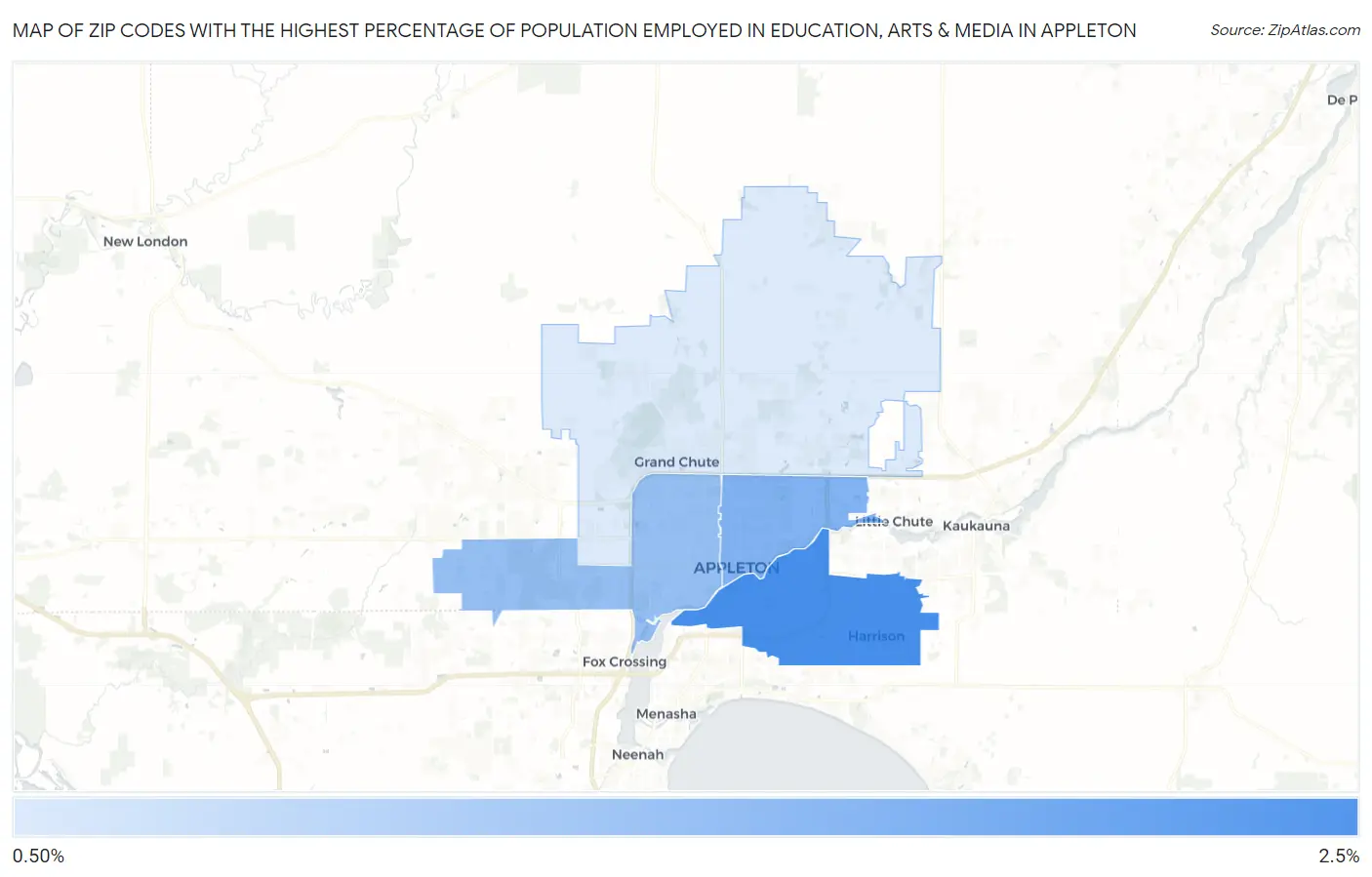 Zip Codes with the Highest Percentage of Population Employed in Education, Arts & Media in Appleton Map