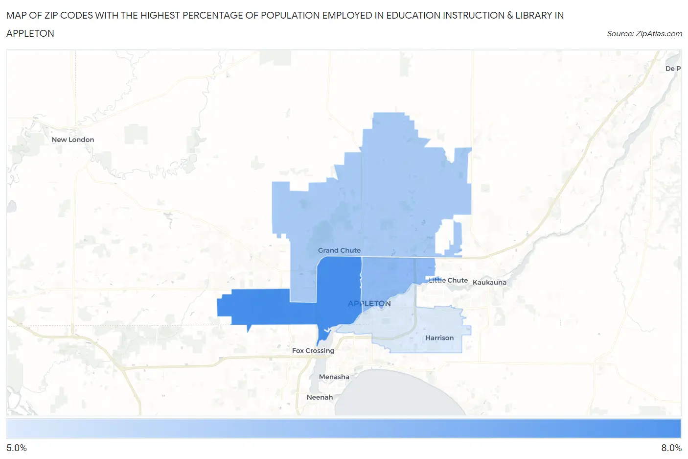 Zip Codes with the Highest Percentage of Population Employed in Education Instruction & Library in Appleton Map