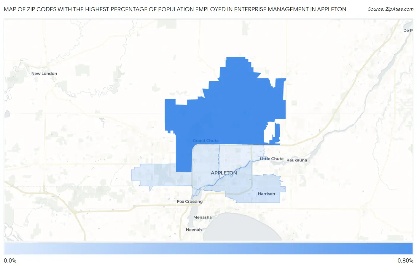 Zip Codes with the Highest Percentage of Population Employed in Enterprise Management in Appleton Map