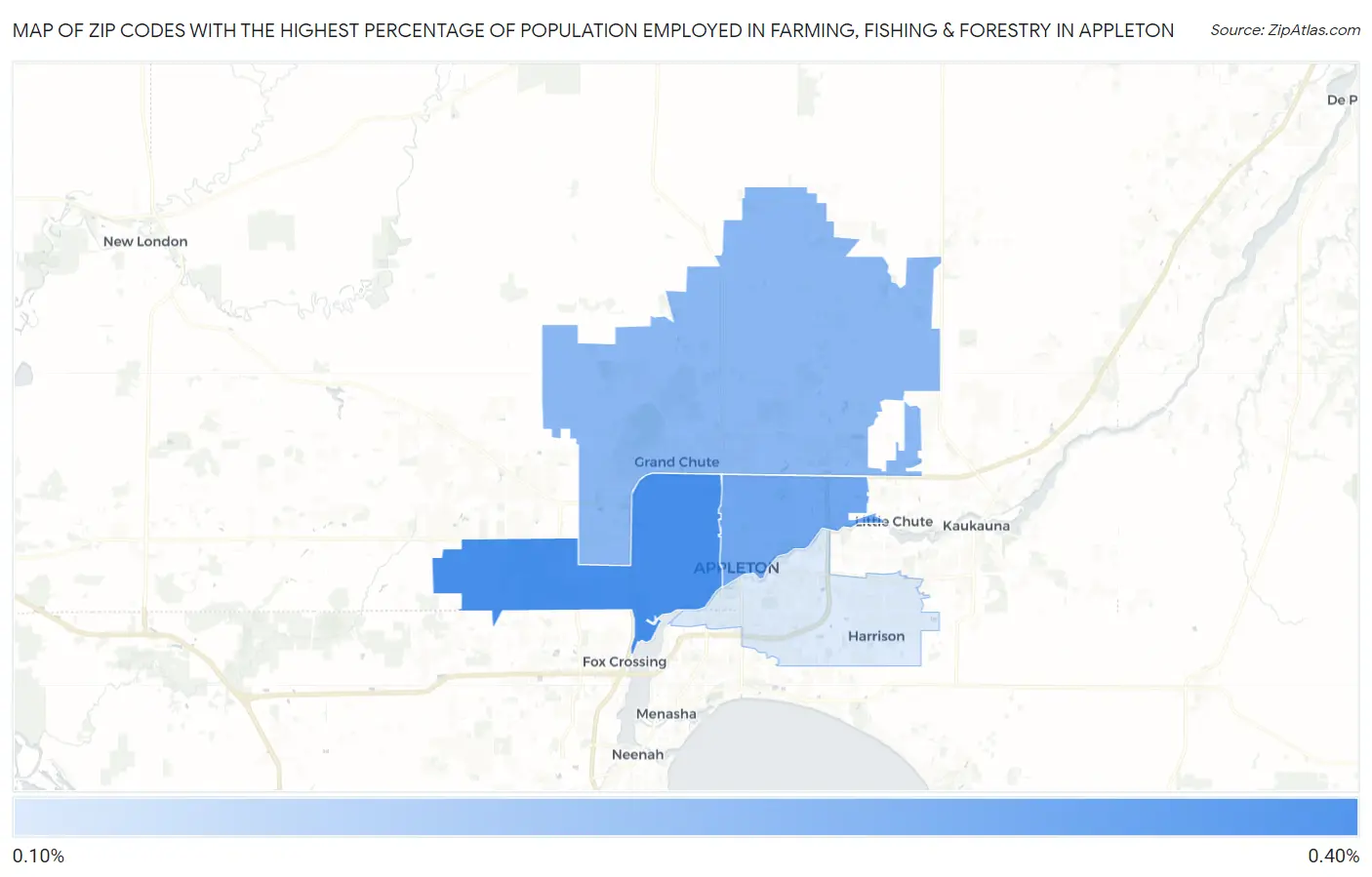 Zip Codes with the Highest Percentage of Population Employed in Farming, Fishing & Forestry in Appleton Map