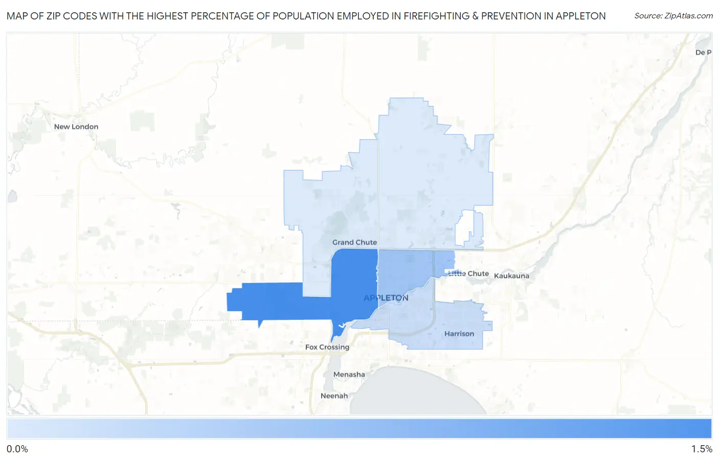 Zip Codes with the Highest Percentage of Population Employed in Firefighting & Prevention in Appleton Map