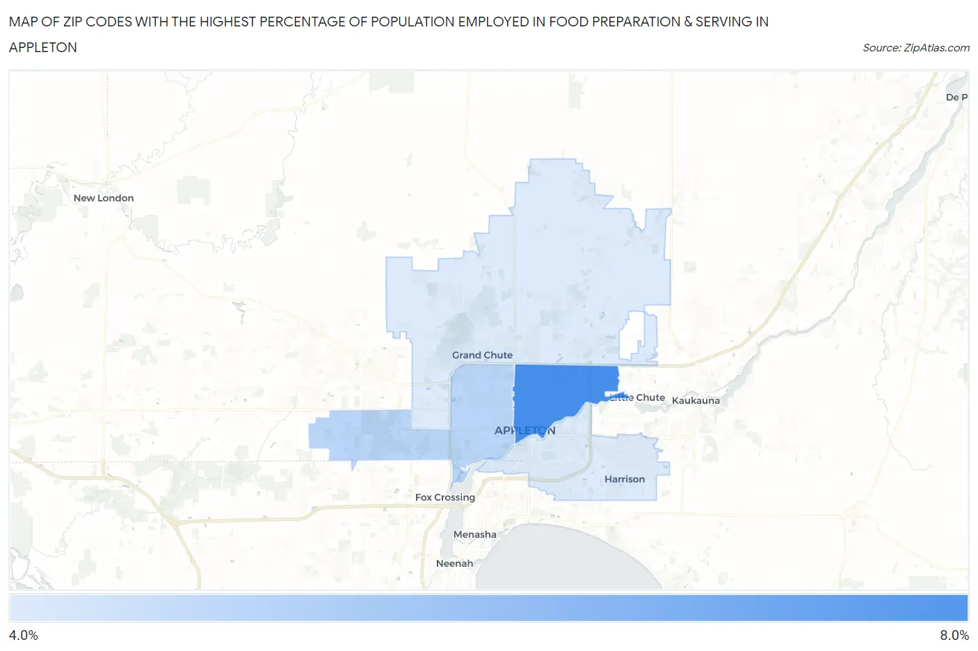 Zip Codes with the Highest Percentage of Population Employed in Food Preparation & Serving in Appleton Map