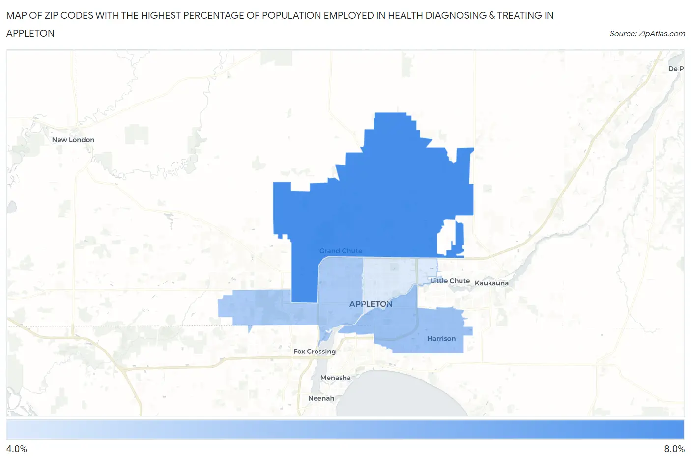 Zip Codes with the Highest Percentage of Population Employed in Health Diagnosing & Treating in Appleton Map
