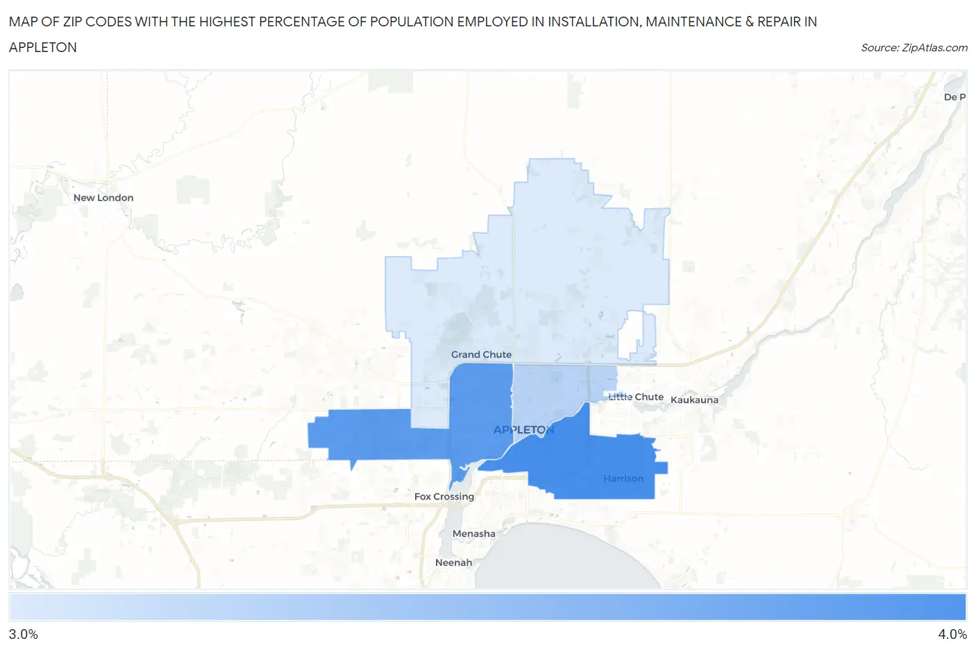 Zip Codes with the Highest Percentage of Population Employed in Installation, Maintenance & Repair in Appleton Map