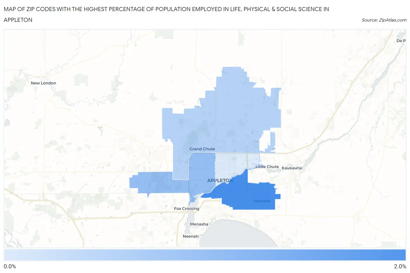 Zip Codes with the Highest Percentage of Population Employed in Life, Physical & Social Science in Appleton Map