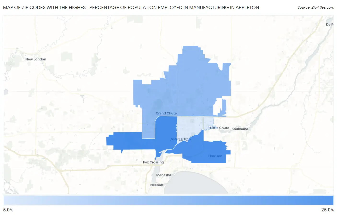 Zip Codes with the Highest Percentage of Population Employed in Manufacturing in Appleton Map