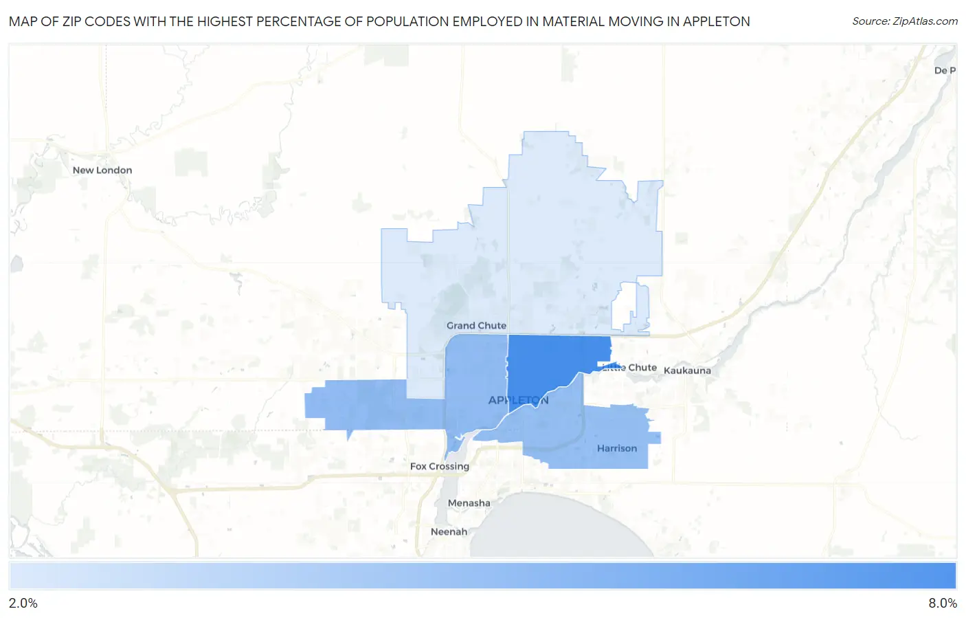 Zip Codes with the Highest Percentage of Population Employed in Material Moving in Appleton Map