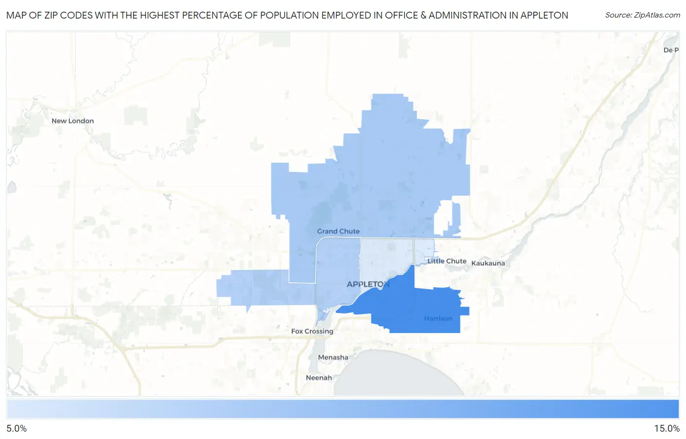 Zip Codes with the Highest Percentage of Population Employed in Office & Administration in Appleton Map