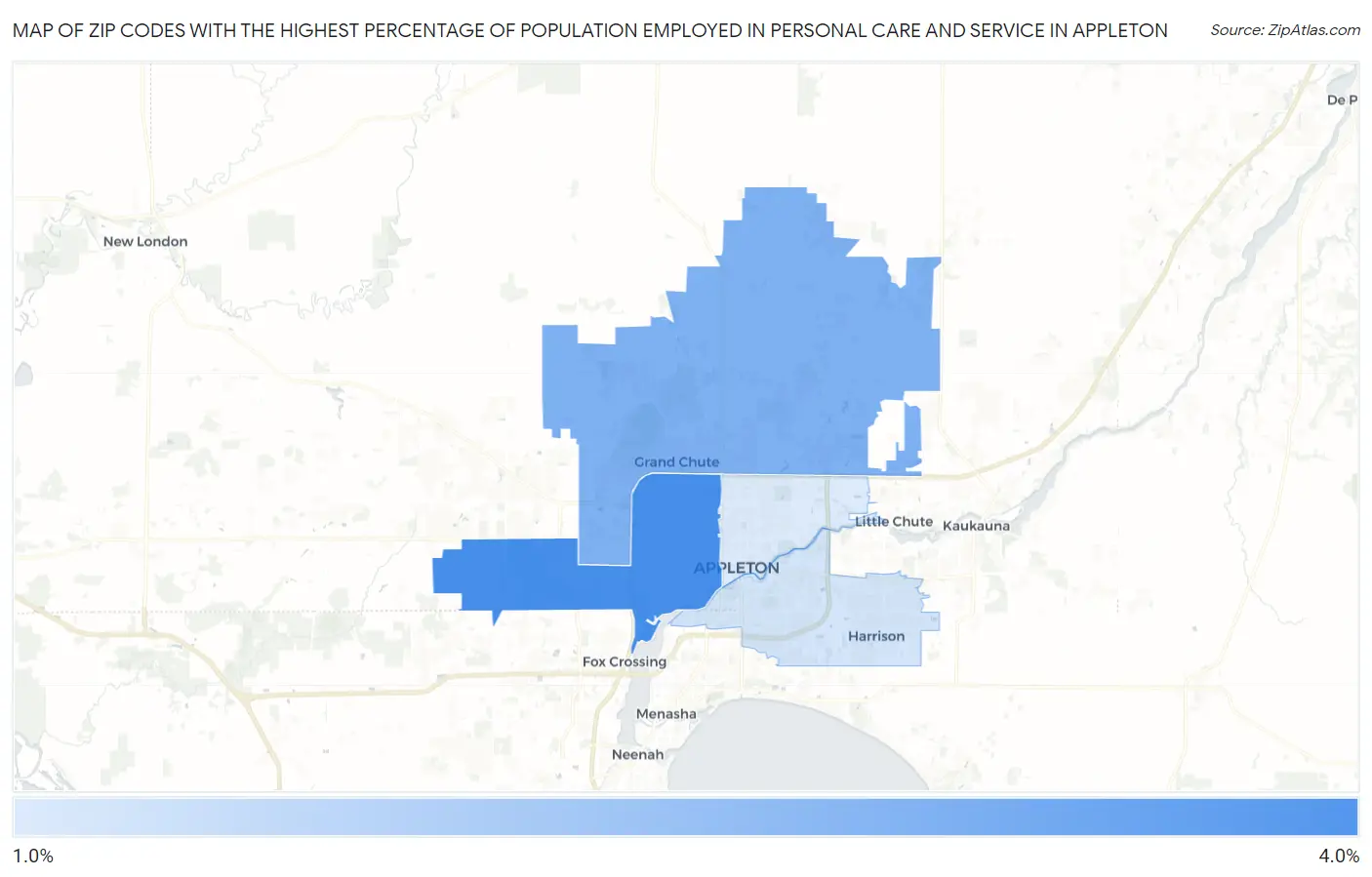 Zip Codes with the Highest Percentage of Population Employed in Personal Care and Service in Appleton Map