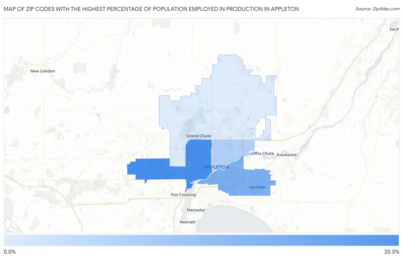 Zip Codes with the Highest Percentage of Population Employed in Production in Appleton Map