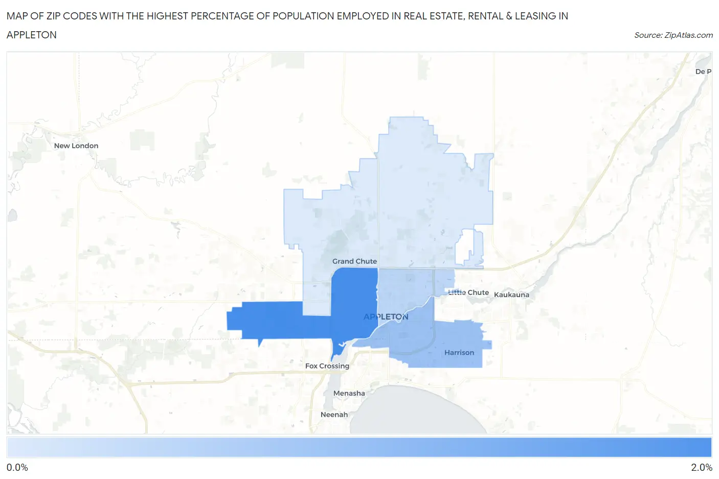 Zip Codes with the Highest Percentage of Population Employed in Real Estate, Rental & Leasing in Appleton Map