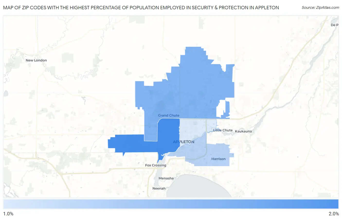 Zip Codes with the Highest Percentage of Population Employed in Security & Protection in Appleton Map