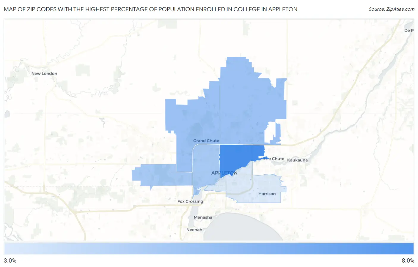 Zip Codes with the Highest Percentage of Population Enrolled in College in Appleton Map