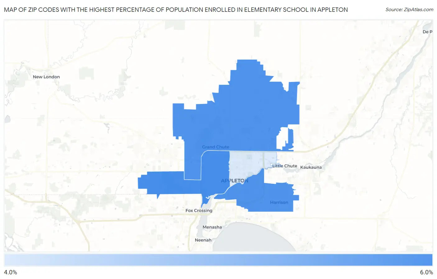 Zip Codes with the Highest Percentage of Population Enrolled in Elementary School in Appleton Map