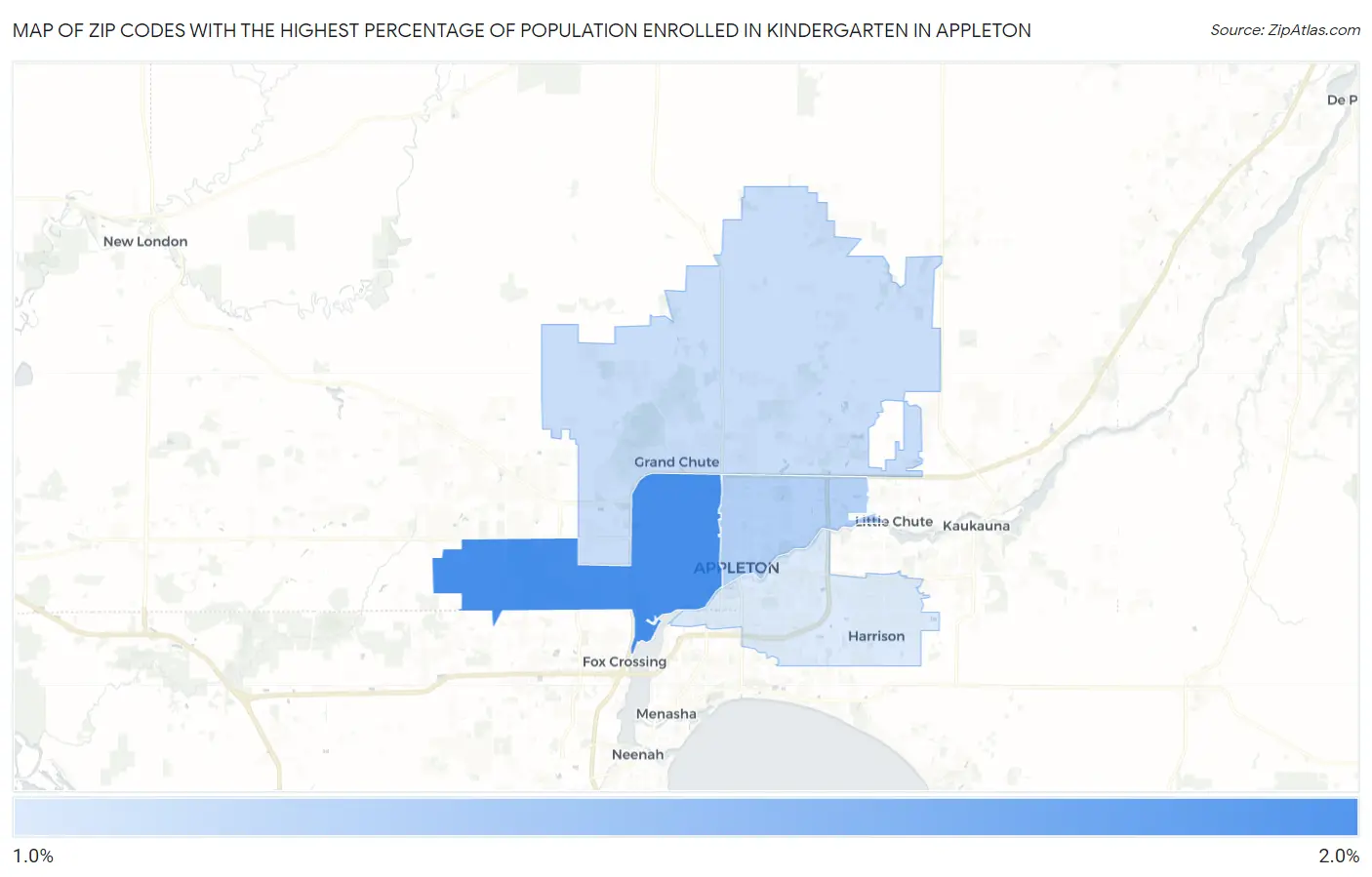 Zip Codes with the Highest Percentage of Population Enrolled in Kindergarten in Appleton Map