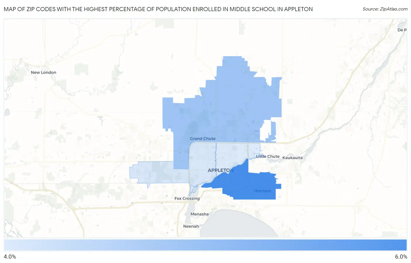Zip Codes with the Highest Percentage of Population Enrolled in Middle School in Appleton Map