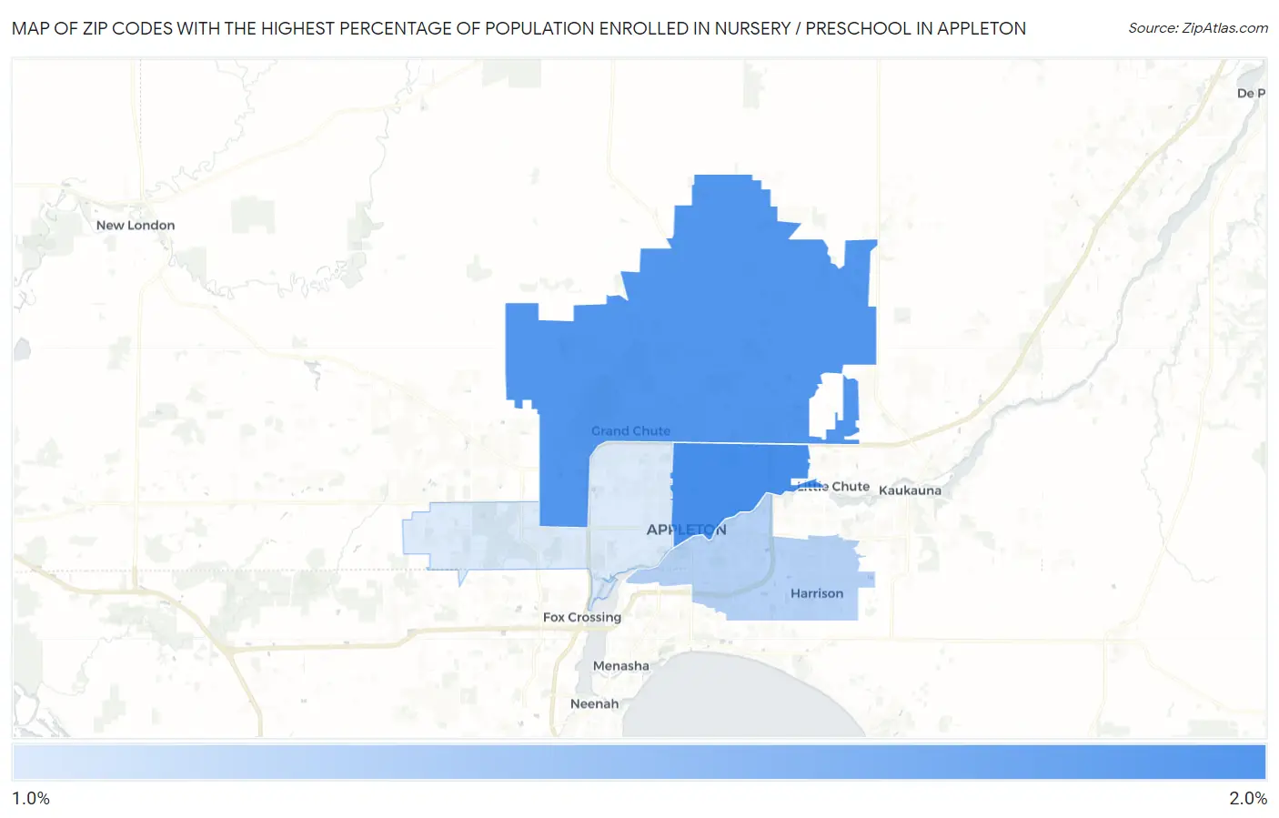 Zip Codes with the Highest Percentage of Population Enrolled in Nursery / Preschool in Appleton Map