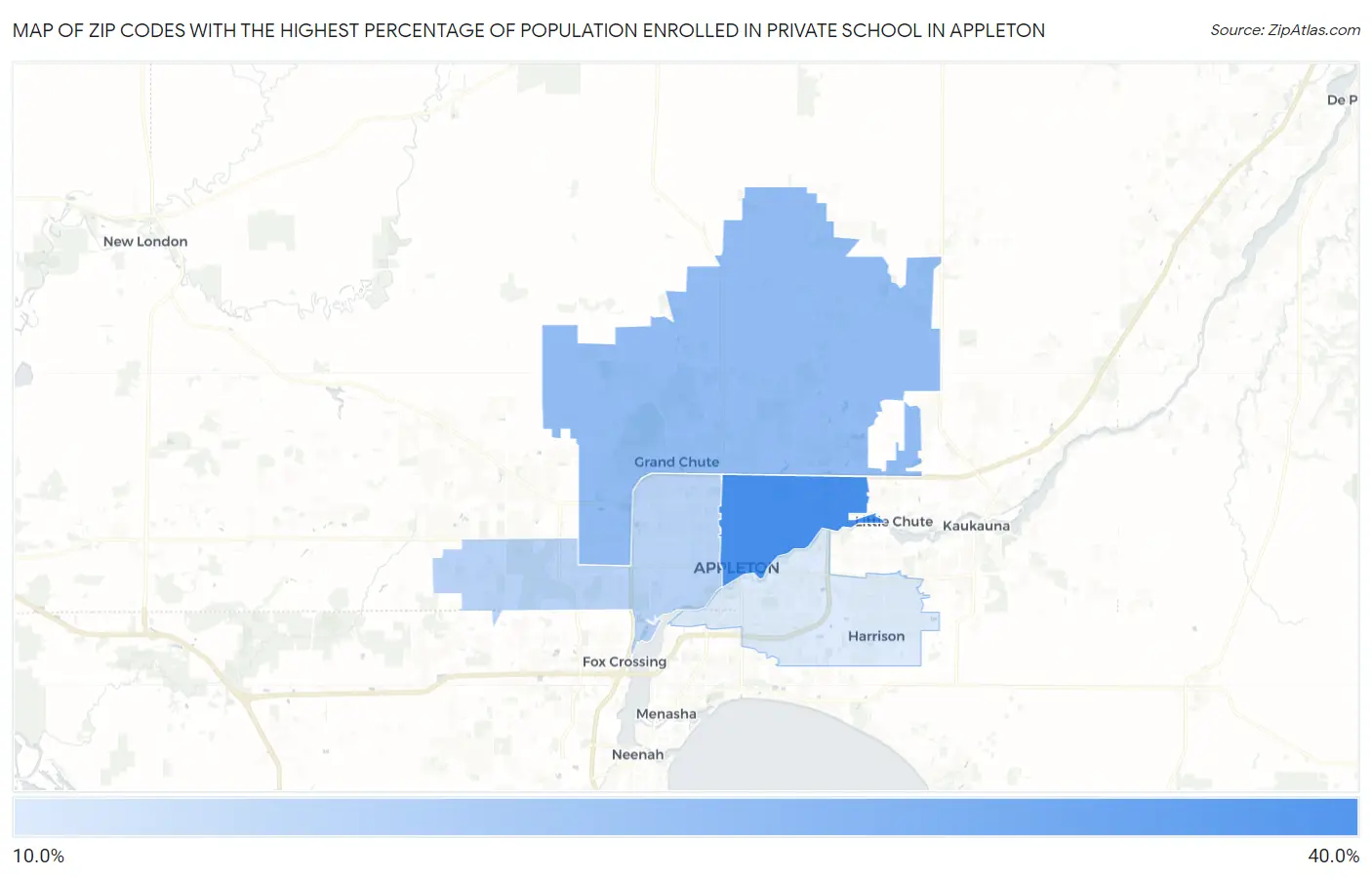 Zip Codes with the Highest Percentage of Population Enrolled in Private School in Appleton Map