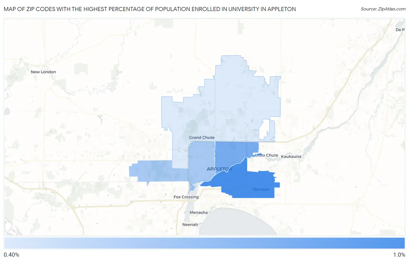 Zip Codes with the Highest Percentage of Population Enrolled in University in Appleton Map