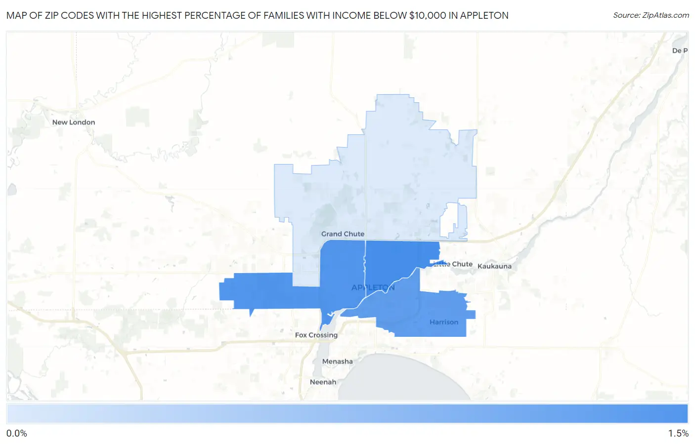 Zip Codes with the Highest Percentage of Families with Income Below $10,000 in Appleton Map