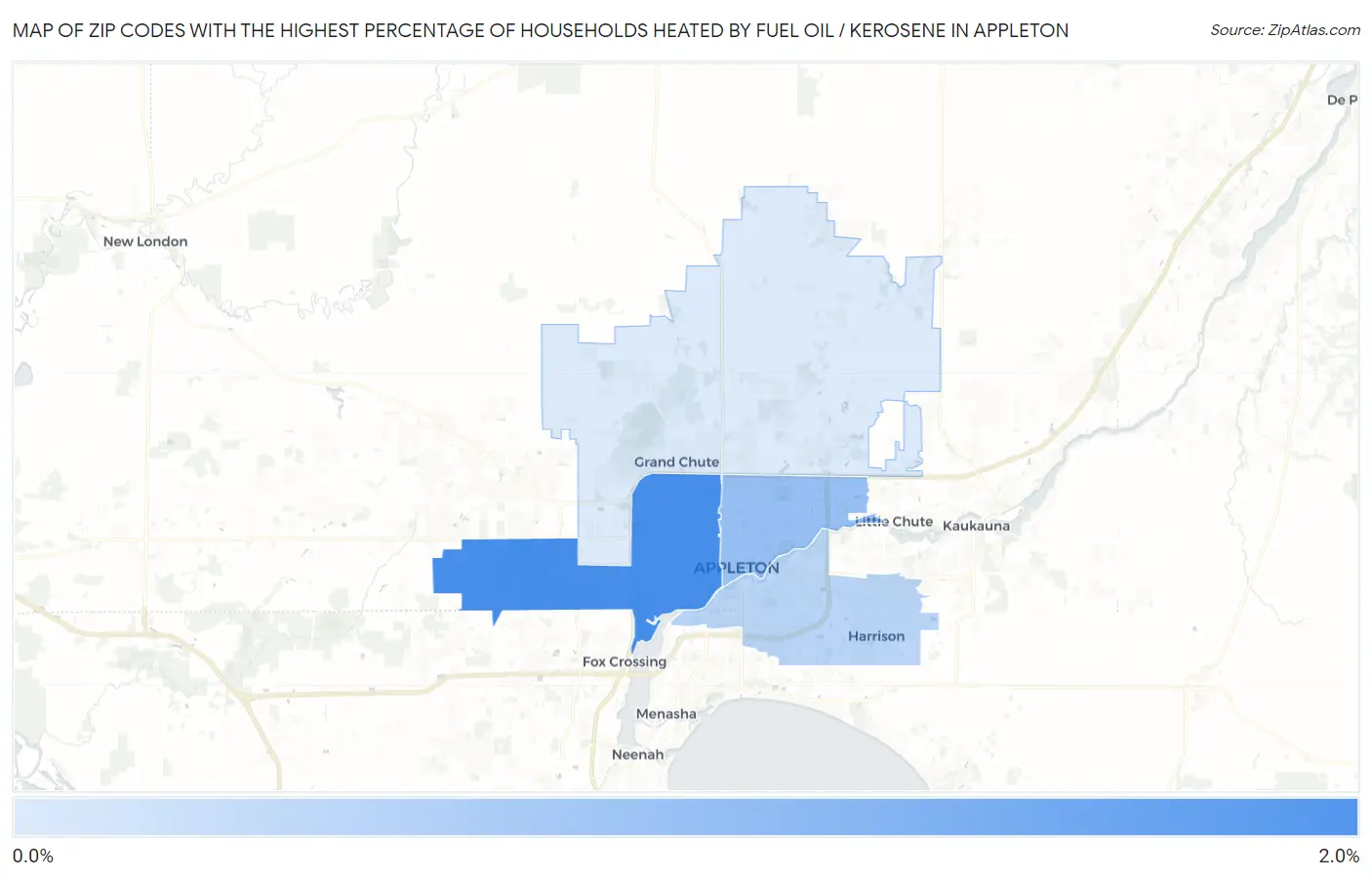 Zip Codes with the Highest Percentage of Households Heated by Fuel Oil / Kerosene in Appleton Map